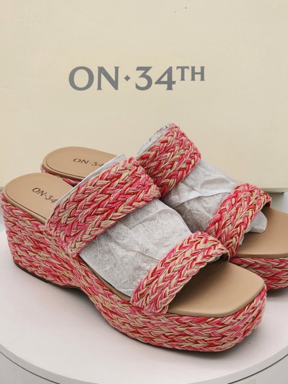 On 34th Norina Pink Multi Raffia Platform Wedge Sandals Women’s Size 9M